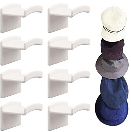 Klebe Hut Kleiderbügel, 8 Stück, Selbstklebende Kunststoff Hut Haken, Wandhaken, Hutablage für Wand, Hüte, Organizer weiß für Schlafzimmer