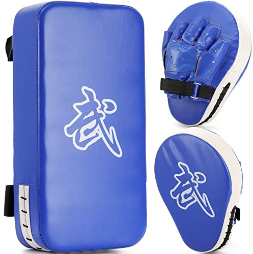 WUWEOT Boxing Focus Pads and Taekwondo Pad, 15.5 x 8 Blue, 2-in-1 Punching Mitts Kick Pack Set, Martial Arts MMA Kicking Shield Training for Men Women Gym
