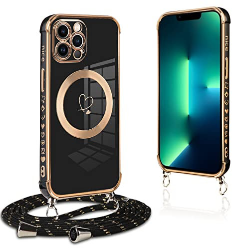 Pnakqil Coque Magnétique pour iPhone 13 Pro Max Con Cordon, Compatible avec MagSafe, Silicone Housse avec Motif Coeur d'amour Réglable Collier Lanyard, Antichoc Etui pour iPhone 13Pro Max 6.7, Noir
