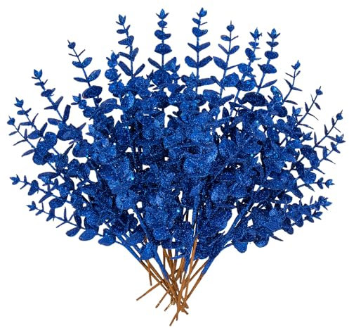 Oairse 20er-Set Kunstpflanze Kunstzweig Weihnachten deko Glitzer, Weihnachten Blätter für Weihnachtsbaum Neujahr Ornamente, Künstliche Eukalyptus für Feiertags-Esstischdekoration, Blau