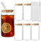 480ml Transparent Can Glass Cups with Wooden Lid and Glass Straw, Reusable Can Shaped Drinking Glasses for Cold Drink Juice Coffee Cocktail Whiskey (6pcs)