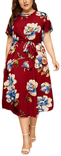 IQYU Kleid Damen Elegant Casual Midikleid mit Gürtel Flatterkurzarm Wickelkleid Rundhals Blumendruck Maxikleid Lässig Sommer Freizeitkleid Taillenkleid Blumenkleid Große Größen