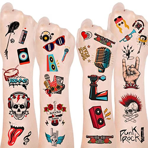 20 Blatt Rock and Roll Temporäre Tattoos - Rock Star Party Favors, Dekorationen, Supplies für 80er 90er Mottoparty - Goodie Bags Stuffers