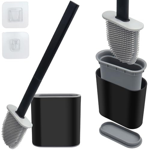 Roellgs Silicone toilet brush with holder, silicone cleaning brush and bathroom quick drying holder, bathroom deep cleaning partner with non-slip handle and soft bristles (Black)