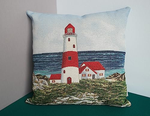 Sandner Kissenhülle Gobelin Strandidylle - Leuchtturm 45 x 45 cm Kissenbezug Sofakissen Dekokissen, 1 Stück