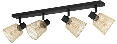 EGLO Deckenstrahler Coslada, 4-flammige Deckenlampe mit schwenkbaren Spots, Gitter Deckenleuchte Industrial Design, Metall in Schwarz und Messing-gebürstet, Deckenspot mit E27 Fassung