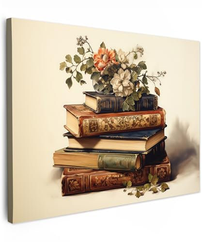MuchoWow© Impressions sur Toile 70x50 cm Deco Tableau Murale Decoration Salon Peinture Tableaux Chambre Toiles Maison Vintage - Livres - Fleurs - Blanc
