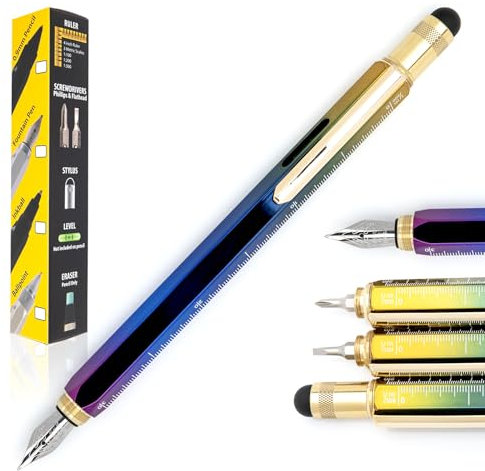 Monteverde USA 9-in-1 Tool Fountain Pen in Rainbow – Flex Nib, PVD-Coated Multifunctional Pen with Stylus, Screwdrivers, Level, and Ruler – Exclusive Collection, Ideal Gift for Writers
