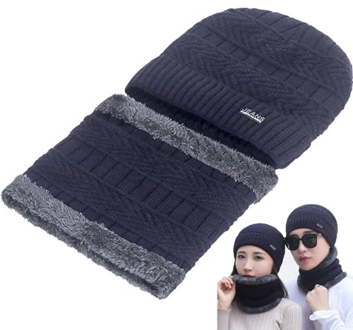 Atsmoce® Wintermütze und Schlauchschal Set, Winter Warm Beanie Mütze und Schal Set für Herren und Damen, mit Dicke Fleecefutter (Dunkelblau)