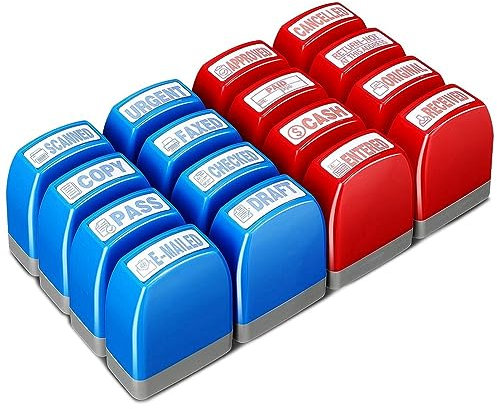 ELGE Selbstfärbende Gummistempel-Set für Bürostempel, zugelassen, bezahlte Kopie, Fax, gescannte Briefmarken, Nachrichten, Konto, Briefmarken, langlebig, Rot und Blau, 16-teilig