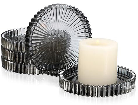 SUMTree 5 PCS Transparent Glass Round Candle Plate Cup Crystal Cup Mat for Pillar Candle Clear Plate Home Décor for Wedding Party Dinner Event Centerpiece Home Decor, 9.8cm (Transparent Black)
