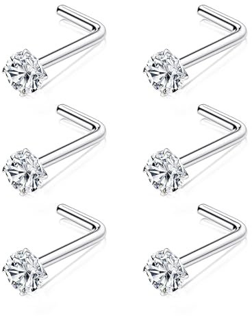 Chriscoco 6 Pièces Piercing Nez Titane G23 Forme L 3mm Cubique Zircone CZ Bijoux de Corps Argent 18G