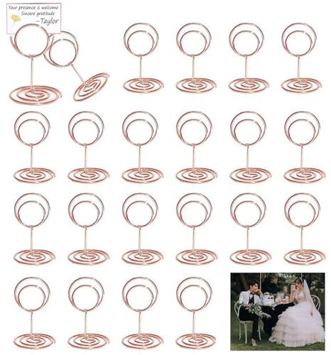 RHQFDM 20 Piece Mini Table Number Holder,Round Rose Gold Name Cards Holder,Wedding Rose Gold Card Holder,Metal Small Table Card Holder,Table Number Holders for Restaurants,Weddings and Parties