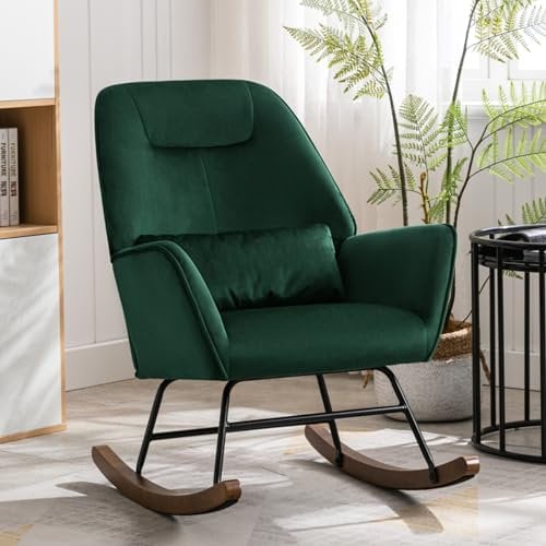 Schaukelstuhl Schaukelsessel Samt Sessel Wohnzimmer mit verdickte Kopfstütze und Holzsockel Moderne Polstersessel Relaxstuhl für Schlafzimmer Kinderzimmer Hotel Grün