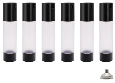 AJLTPA 6Pcs 1.7oz 50ml Frosted Transparent Airless Pump Bottles with Funnel, Travel Size Vacuum Dispenser Refillable Cosmetic Containers For Foundations, Cream, Serums, Shampoo, Lotion(Black)