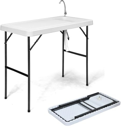 COSTWAY Folding Camping Sink Table, Fish Cleaning Cutting Station with 360°Rotatable Faucet, Groove and Drainage Hole, Portable Fishing Picnic Tables