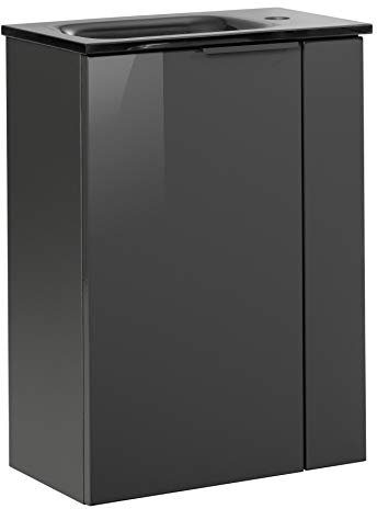 FACKELMANN Luna Gäste-WC Set 2 Teile – Waschtischunterschrank in Anthrazit mit Waschbecken aus Glas in Anthrazit – SBC Waschbeckenunterschrank schmal – Türanschlag Links – 45 cm breit