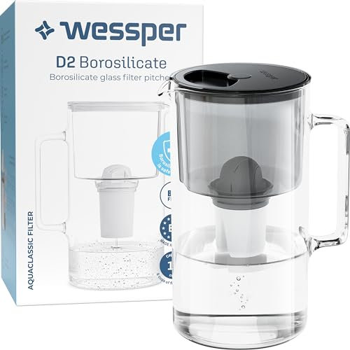 Wessper D2 Borosilicate Black Glass Water Filter Pitcher Crystal Clear Hydration 8-Cup Capacity | 2in1 Water Purifier Pitcher and Stylish Water Carafe | Efficient Filtration for Pure, Refreshing Water