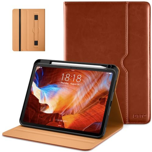 DTTO hülle für iPad Pro 11 Zoll 2024 (M4 5. Generation) 2024, Premium Leder Business Folio Schutzhülle mit Stifthalter, automatische Wake-/Sleep-Funktion und mehrere Betrachtungswinkel, Braun