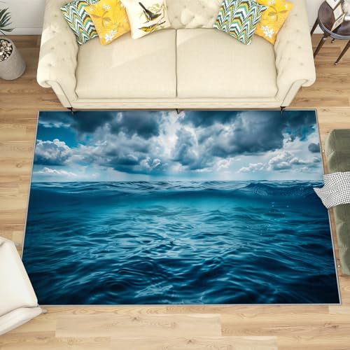 Teppich Meer - Teppich Wohnzimmer Schlafzimmer Kinderzimmer Ozean, Kleiner Teppich Meerblau, Weich Kurzflor & Waschbar & rutschfest Fussmatte Innen, Kinderteppich 60x90 cm