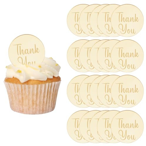 URROMA Gold Acrylic Cupcake Toppers, 20Pcs Round Thank You Cake Discs Mirror Picks Acrylic Cake Charm Cake Decoration Wedding Birthday Party Supplies,Style3