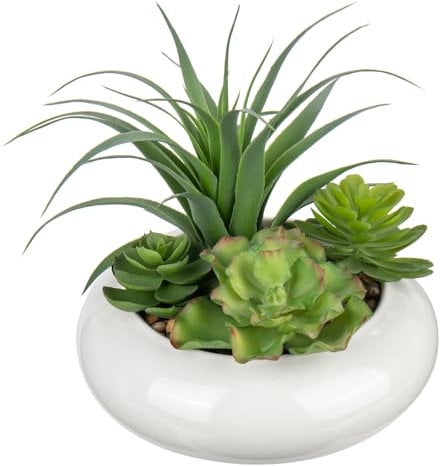 Arborus Plantas suculentas artificiales de 21 cm en macetas, arreglos suculentos de imitación en maceta de cerámica blanca, mezcla falsa de suculentas para dormitorio, baño, escritorio, estante de