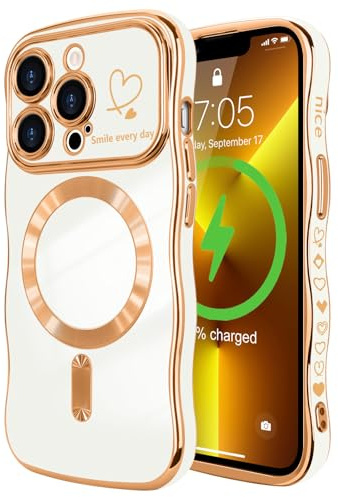 LCHULLE for iPhone 13 Pro Case for Women Girls [Compatible with MagSafe] Cute Curly Wave Shape, Magnetic Love Heart Pattern with Camera Lens Cover Luxury Plating Shockproof Phone Case,White