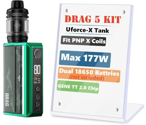VOO'POO Drag 5 Vape Kit 177 W Atomizador Uforce X 5,5ml Bobina PNP X 0,15/0,3ohm Baterías Dual 18650 (Baterías no incluidas) Cigarrillo Electrónico Vape Original (Verde) - No Nicotine