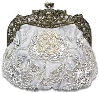 CORIOS Vintage 1920s Abendtasche Damen Floral Clutch Tasche Handgemachte Perle Handtasche Klein Tasche Elegante Schultertasche Kette Umhängetasche für Hochzeit Bankett-Party Abschlussball Silber