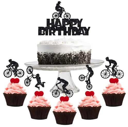 31 Pieces Bicycle Cake Topper, Birthday Party Cake Decoration, Sports Themed Cake Topper, Black Glitter Motocross Dirt Bike Party Cupcake Picks for Him, Son, Boys, Dad, Grandad, Kids