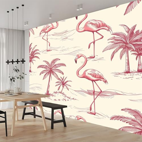 3D Papier Peint Panoramique Tapisserie Intissé Murales Flamant Rose Palmier Dessiné À La Main 250x175 cm, Papier Peint Enfant pour Salon Chambre Décoration Murale, Papier Peint Chambre Enfant