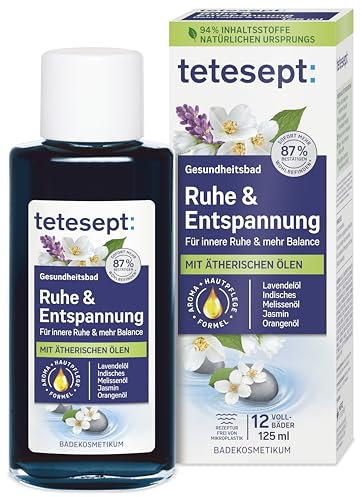 tetesept Bagno tranquillo e relax – 1 x 125 ml – Bagno sanitario con 5 oli essenziali per il riposo interno e più equilibrio – Additivo cosmetico per il bagno con formula per la cura della pelle