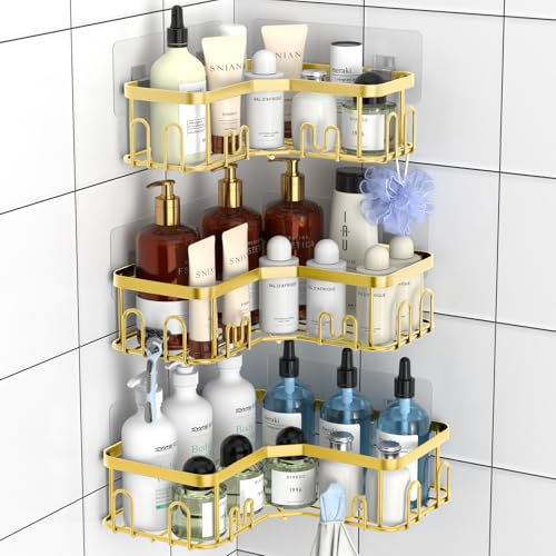 Menbyci Lot de 3 étagères d'angle de douche avec 18 crochets, en acier inoxydable adhésif pour salle de bain, étagères d'angle dorées