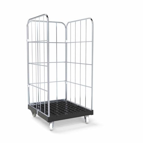 Abrollwerk Rollbehälter 1350 mm Nutzhöhe, Kunstoffplatte schwarz, 3-seitig, schwarz, Maße 724 x 815 mm – robuster Gitterwagen Typ Cr3-verzinkt für Garage, Lager, Transport und Logistik