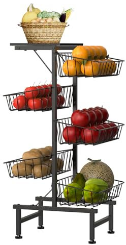 CADUKE 6-Tier Vegetable Trolley with Lockable Wheels, Rotating Kitchen Storage Rack, Fruit and Vegetable Storage Basket, Veg Rack for Pantry, Garage, and Bathroom (Black)