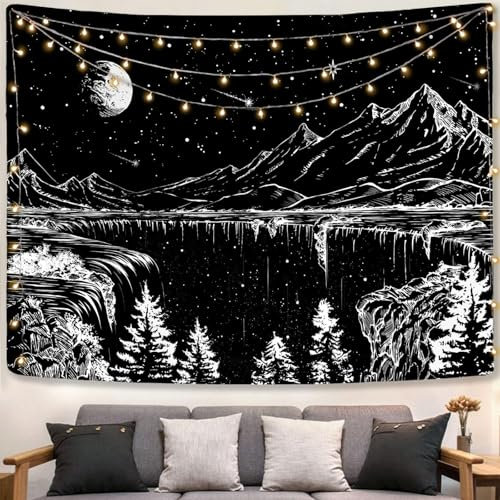 Lunaanda Schwarz-Weißer Wandteppich, Sternennacht Wandteppich, Mond und Stern Wandbehang, Kunst Schwarz Weiß Wandbehang, Sternennacht, für Wohnzimmer, Schlafzimmer, 150 x 200 cm