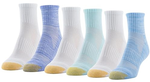 GOLDTOE Women's Half Cushion Sport Quarter Socks with Mesh, 6-Pairs, White/Light Blue Assorted, Shoe Size: 6-9, White/Light Blue Assorted, M
