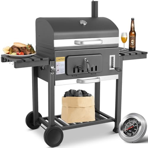 TLSUNNY Barbecue a Carbone, Grande XXXL Barbecue a Carbonella con 2PCS Ruote, Griglia BBQ con Coperchio, BBQ Carbonella con Camino, Regolabile in Altezza, Grigio, 152x150x60cm
