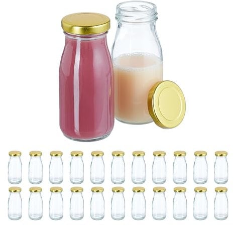 Relaxdays Botellas Cristal Vacías, Set de 24, 150 ml, con Tapa, para Leche, Smoothies, Zumos, Transparente y Dorado, Vidrio, Hierro