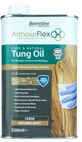 Barrettine Pure & Natural Tung Oil (500ml) - Food & Toy Safe, Additive-Free Tung Oil for Wooden Furniture & Worktops, Enhances Natural Colour of Wood with a Matt Finish