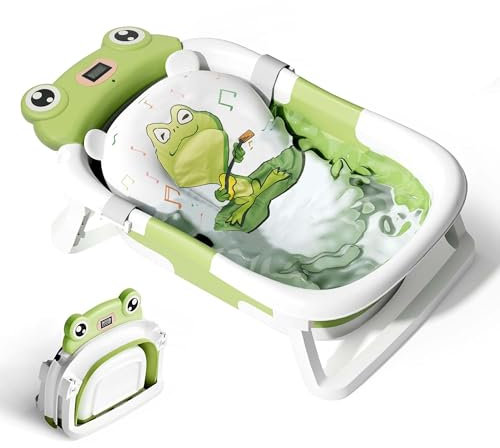 Bañera para bebé con termómetro, bañera plegable esencial para recién nacido, baño de viaje portátil con alfombrilla de asiento suave para bebé, rana verde