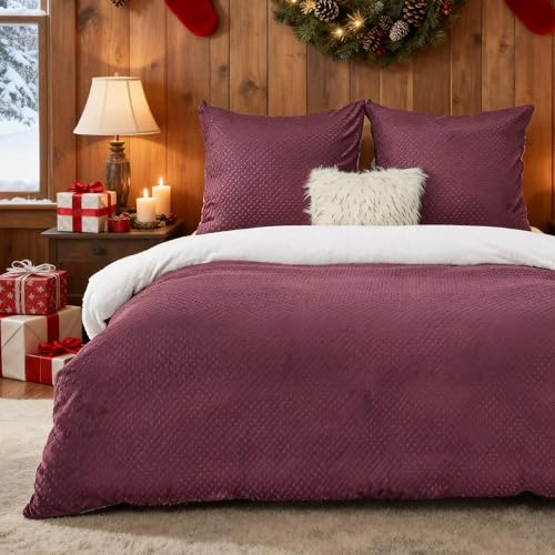 BEDSURE Flannel Bettwäsche 155x220 3tlg. - Weinrotes Set, 80x80 Kissen