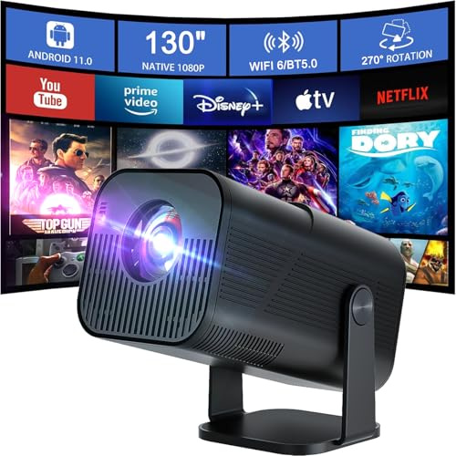 Beamer Mini Projektor mit Android 13 WiFi 6 Bluetooth 5.2 Mini Beamer 4K 1080P Unterstützung Automatische Trapezkorrektur Smart Außenprojektor Kompatibel Phone/HDMI/USB (amx500 Schwarz)