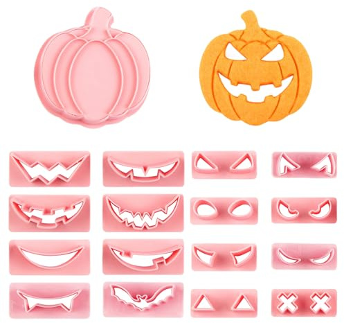 FDHBDF Halloween Ausstechformen-Set 17-teiliges Set von Keksschneideformen aus PP-Material, Enthält 16 Grimasse-Emoji formen und 1 Kürbiskopfform Keksformen für Halloween-Party Dekorationen