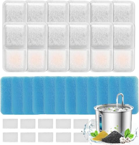 Lot de 12 filtres de rechange pour fontaine à eau pour chat PWF-001 2 l/1,999 g, en acier inoxydable, idéal pour les maisons multi-animaux, 3 systèmes de filtration, facile à installer