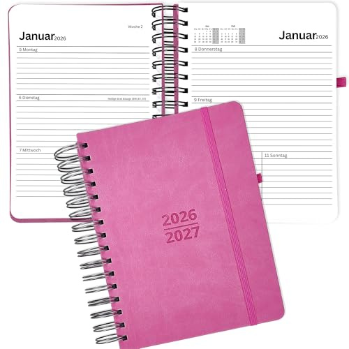 2 Jahre DIN A6 2026 2027 Terminplaner Kalender auf Deutsch, Terminkalender Wochen-Planer, Ausgaben Organizer, Agenda Wochenkalender Buchkalender mit Kunstleder-Hardcover Pink