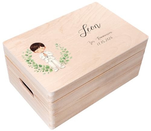Creative Deco Personalisiert Kommunion Geschenke für Mädchen Jungen | Holzkiste | Dunkelhaariger Junge | Individuelle Geschenk Erinnerungsbox | Erstkommunion Deko