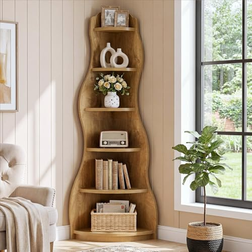 Tribesigns Eckregal 175cm Hoch mit 6 Ebenen, Modernes Standregal im Wellendesign, Schmales Bücherregal für Wohnzimmer, Schlafzimmer & Büro, Platzsparendes Eckregal, Vintage Braun