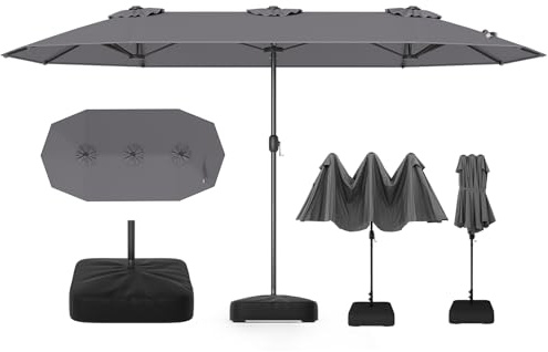 RELAX4LIFE Grand Parasol de Jardin Exterieur avec Pied, 4x2M Parasol Double pour Terrasse/Piscine/Marché, 12 Baleines Renforcées, Manivelle, Protection Solaire pour 6-8 Personnes