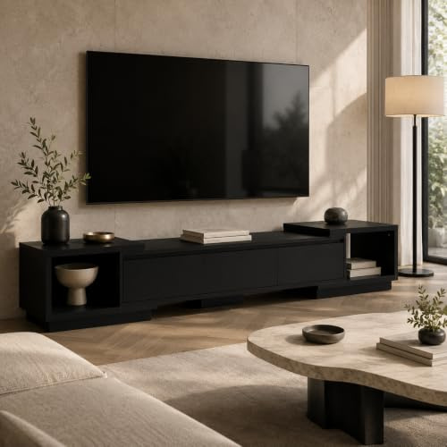 PREMTURE TV Lowboard ausziehbar 166–270 cm mit 3 Schubladen Schwarz | Ausziehbar 166–270 cm 3 Schubladen Offene Fächer Moderner TV Schrank Schwarz Großer Stauraum Wohnzimmer